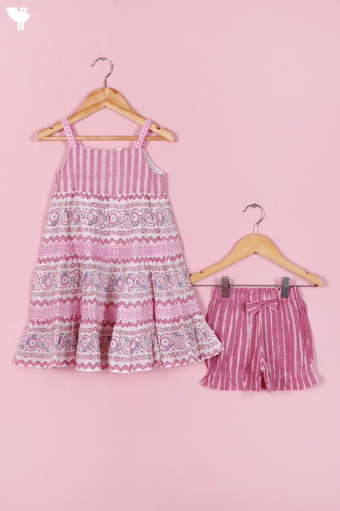 Cotton Frock & Shorts Set In Block Print
